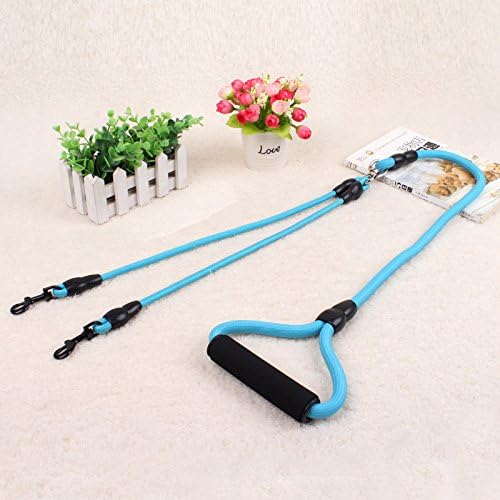 ZQ@QXNylon double head hook, lengthened one pull, two walk dog rope, pet traction rope,145cm,blue
