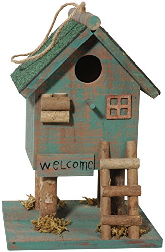 dobar 25102 Solar Vogel Nistkasten mit Solarlampe, Deko Vogelnistkasten für Vögel fertig montiert, Blaugrau-Braun - Nisthilfe Vogelhaus, 19x16x28cm