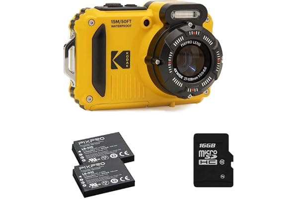 KODAK Pixpro Pack WPZ2 + 2 Batteries + 1 Carte SD - Appareil Photo Numérique Compact 16M Pixels, Etanche à 15m, Anti-Choc, Video 720p, Ecran LCD 2,7 - Batterie Li-ION - Jaune