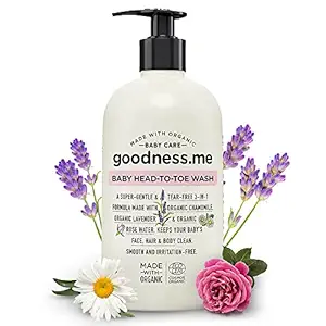 goodnessme Certified Organic Baby Head-to-Toe | Face, Body Wash & Shampoo | Tear Free, 400ml, Paediatrician & ECOCERT France Certified, Hypoallergenic