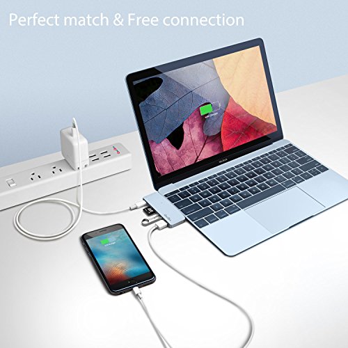 GN21B Typ-C Hub USB C Adapter mit 1 USB-C Anschluss (Stromversorgung), 1 SD-Karte Steckplatz, 1 Mikro-SD Steckpatz und 2 Superspeed USB 3.0 Ports Aluminiumgehäuse geeignet für MacBook, MacBook Pro, Google Chromebook, Hua Wei Matebook (Grau) - 5