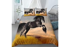 TULTOAP Pferde Motiv Bettbezug,Das laufende Pferd Motiv Kinder Bettwäsche Set,3D-Druck Tiere Pferd Motiv Bettbezug für Kinder, Jungen, Jugendlich mit Reißverschluss und Kissenbezug (Schwarz1, 200×200cm)