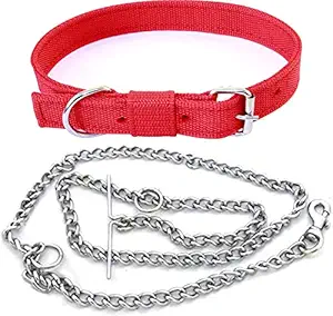 Adios Nylon 1 inch Red Dog Collar with Dog Chain 1.5m lengthy Dog Collar & Chain Dog Belt for All Pet Dogs.