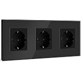 BSEED Triple Wall Plug, Schuko Black Triple Socket with Glass Panel, 16A 250V Power Outlet, Extension Sockets for Kitchen, Be