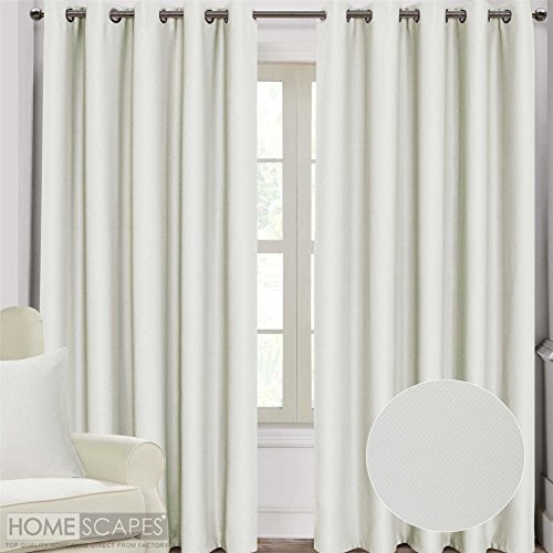 Homescapes Cream Eyelet Ring Top Blackout Thermal Curtains Pair Width 90 x 90 Inch Drop Herringbone Chevron Textured Retro Geometric Design. FREE SWATCHES.