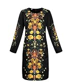 WANG Fly Gedruckt Rundhalsausschnitt Mit Langen Ärmeln Kleid Sexy Frauen Im Chinesischen Stil,BlackYellowFlower-XL