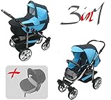  Jackmar  Gestell in Weiß  Hartgummireifen in Chrom & Schwarz  3 in 1 Kinderwagen Megaset (12 Teile)  Farbe: Schwarz & Türkis