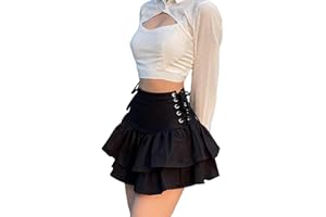 DINGJIUYAN Goth Aesthetic Black Pleated Skirt Vintage Ruffle Mini Skirts Streetwear High Waist Eyelet Bandage Summer Outfits