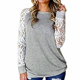 KEERADS T Shirt Femme Dentelle Creux Tunique Haut Chic Fleuri Manches Longues Tops Blouse Pullover Col Rond Chemisier en Mousseline de Soie(XL,Gris)