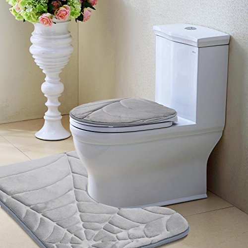 Diossad 3 Teilig Badematte Set Grau Mikrofaserflanell Badezimmer Teppich Rutschfest Badvorleger WC Vorleger Toilettensitzabdeckung - 7