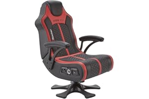 X-Rocker Evora 2.1 Pedestal, Stereo Audio Gaming Chair - Bluetooth Connectivity, Reactive Vibration, Foldable Base, Wipe-Clean Faux Leather for Teens & Adults - Black & Red
