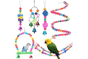 QeeHeng 6 Stück Papageien-Spielzeug aus Holz Mit Brücke, Schaukelbrücke, Ständer, Hängende Glocke, Kauspielzeug und Zubehör für Kleine Sittiche, Nymphensittiche, Aras