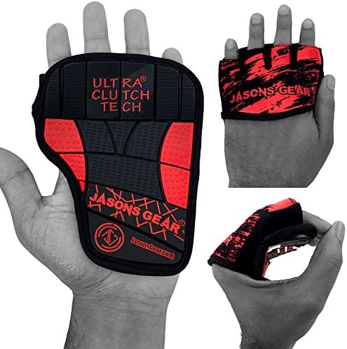 Weight lifting Grips by Jasons Gear. Alternative to weight lifting gloves, grip pads and Fat gripz. With 5.5mm GEL and Clutch rubber composite, Flex-Cut Palm, Anti slip, light Weight. Suitable for Training Workout Deadlift, Shrugs, Chin Ups, Gym, CrossFit, Workouts, Power Lifting (RED)