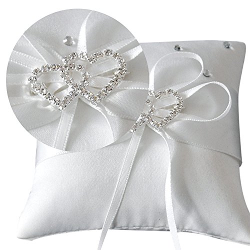 JUYUAN-EU schöne Blumen-Knospe Hochzeit Tasche Elfenbein Ringkissen Doppel-Herz Träger 20 x 20 cm - 4