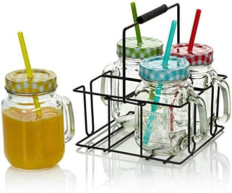 Set of Four Embossed Jam Jar Drinking Glasses with Straws and Carry Case