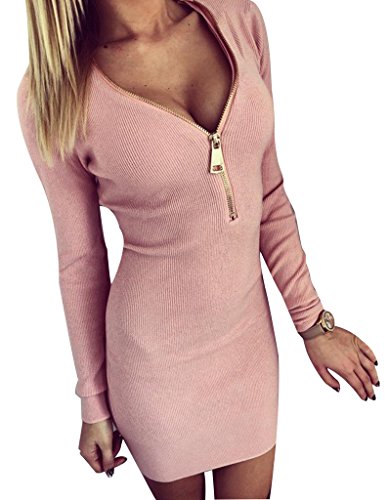 Women Zipper V Neck Long Sleeve Slim Bodycon Party Evening Mini Dress UK Size 14