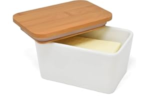 Joeji's Kitchen Butter Dish with lid, 500ml Porcelain Ceramic Finish with Bamboo Lid, Removable Silicone Seal, Keeps Butter Cool and Fresh - Butter Container