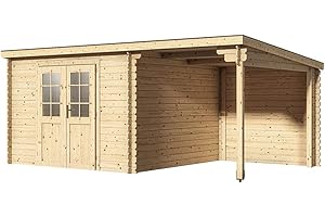 Woodtex Holz Gartenhaus Blockbohlenhaus CA2976 | Wandstärke 28 mm | Naturbelassen | Mit 2 m Anbau | B x T x H: 496 x 309 x 204 cm | Doppeltür Mit Echtglas