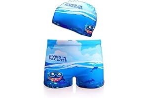 XIVISTO Garçon Short de Bain Enfant Boxer de Piscine avec Bonnet Cartoon Séchage Rapide Maillot de Bain 3-11 Ans