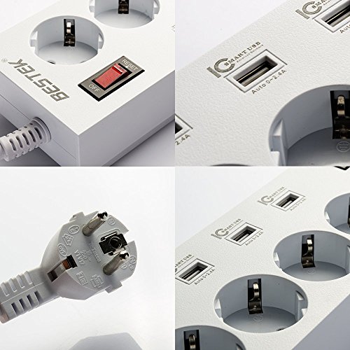 BESTEK 5 Fach schaltbare Steckdosenleiste mit 4 USB (5V/8A, Smart IC), feuerfeste Mehrfachsteckdosen mit USB Ladefunktion für Smartphones Tablets, 4000W / 250V, Weiß - 5