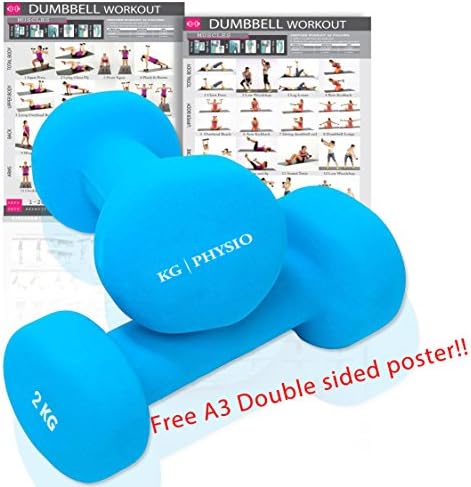 KG Physio Neoprene Dumbbells for Women and Men (sold in pairs) FREE Pull Out A3 Double Sided Wall Poster! Ideal for home weights workout