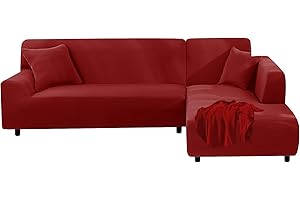 FIGOOO Sofabezug Ecksofa L Form Links Rechts Stretch Sofa Überwürfe 2er mit 2 Stück Kissenbezug Abnehmbarer Universal Elastische Couchbezug Sofahusse L Shaped (3 Sitzer+3 Sitzer,Rot)