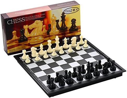 Magnetic Folding Chess Set for by MAZEX Kids or Adults Chess Board Game 9.8X9.8X0.8 Inch (Black&amp;White Chess Pieces)