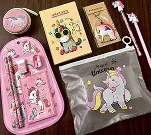 Le Delite Unicorn Gift Combo Set Girls Kids/ Stylish Cute Mini Pocket Diary with Pen Doll tin pouch case Wallet, Stationary Unicorn Clear Folder hardtop Pouch Pencil Box Organizer case School Supplies