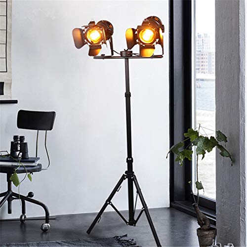 Preisvergleich Produktbild Stehleuchte Industrielle Retro Steampunk Scheinwerfer Höhenverstellbar Drehbare Schatten E27 Doppelkopf Schwarz Backfarbe Schmiedeeisen Stativ Stehlampe Mit Fußschalter Für Wohnzimmer Schlafzimmer