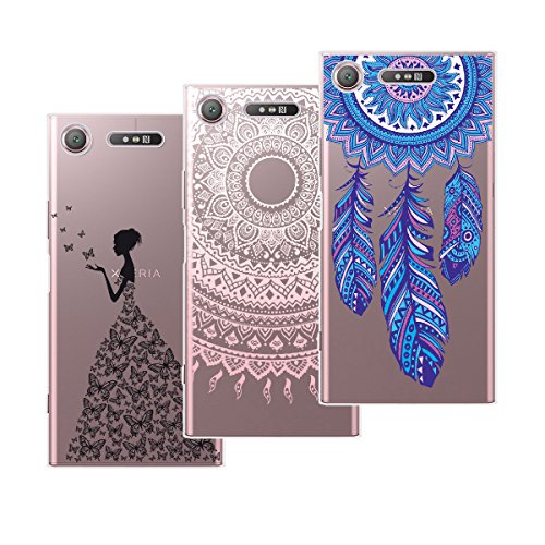 Preisvergleich Produktbild Yokata Kompatibel mit Sony Xperia XZ1 Hülle Silikon Transparent Durchsichtig Handyhülle Schutzhülle TPU Dünn Slim Kratzfest mit Motiv [3 Pack] - Mandala + Feder + Mädchen und Schmetterling