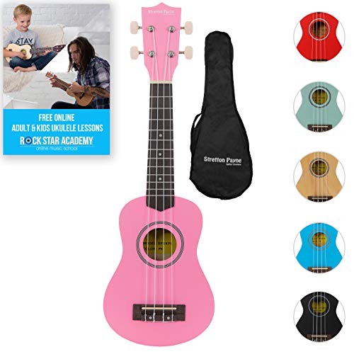 Ukelele soprano rosa de Stretton Payne, con bolsa de ukelele, para adultos principiantes y niños, incluye lecciones de ukelele en línea gratis