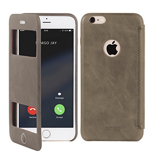 SUMGO® Apple iPhone 6, 6s Hülle echt Leder Schutzhülle Flip Cover mit Sichtfenster View Back Case Tasche - in Beige Braun