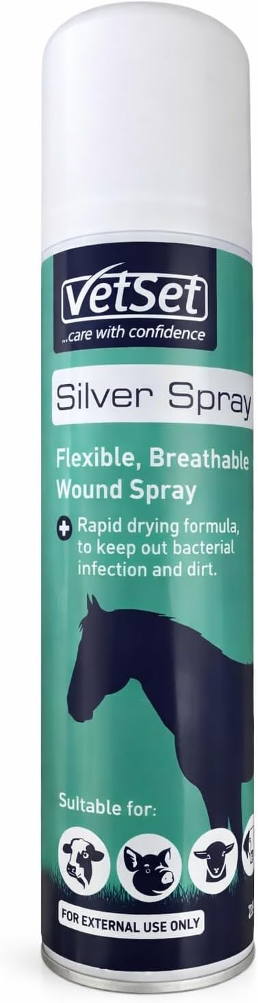 VetSet Silver Aluminium Spray for Animal Wounds | Veterinary Antiseptic Silver Spray for Horses, Dogs, Livestock & Equine Use | Breathable Protective Coating for External Wounds & Abrasions, 250ml