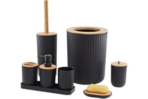 MissFox 8-teiliges Badezimmer Zubehör Set, Seifenspender Set aus Bambus, Badezimmerset mit Lotionspender, Mülleimer, Seifenschale, Zahnbürstenhalter, Zahnputzbecher, Toilettenbürste und Tablett