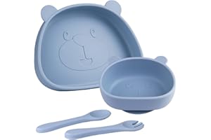 Qshare Suction Baby Plate and Bowl Set with Fork Spoon,Non Slip Toddler Divided Placemat,BPA Free Silicone Feeding Set for Babies Toddlers Kids