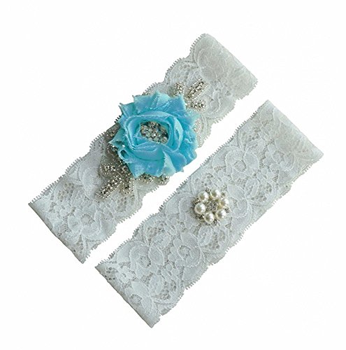 Preisvergleich Produktbild Fankeshi Strumpfband mit Spitze, Perlen, Brautschmuck, Strumpfband für Hochzeiten, 2 Stück - Blau - Groß