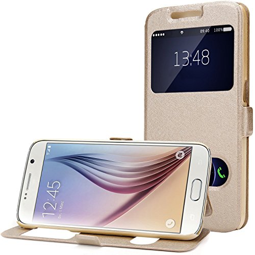 Funda Piel para Galaxy S6  Carcasa Galaxy S6 Ventana Vista  Moon mood Champagne Oro Flip Funda Libro con Tapas y Cartera de Cuero Protectora Caja del Tel  fono Cubierta Caso para Samsung Galaxy S6 G920 Magn  tico Folio Case Cover con Soporte Ranuras para Tarjetas