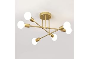 WENPPRAN Żyrandol Retro w Metal Sputnik Półotwarte Przemysłowy Lampa sufitowa E27 Nowoczesny Kolor złoty 6 lamp Fornir Mosiądz Lampa sufitowa dla Sypialnia Pokój dzienny
