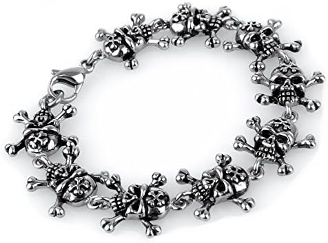 COPAUL Men's Stainless Steel Punk More Pirate Skull Bracelet,Silver Black