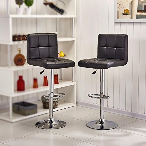 Tason Set of 2 Modern Bar Stools, with Faux Leather Backrest, Adjustable Swivel Gas Lift, Chrome Footrest and Base for Breakfast Bar, Counter, Kitchen and Home (Black)