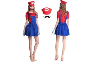 IDOTTA Halloween Plumber Costume Outfits for Kids Adult Unisex Cosplay Fancy Dress up with Bros Hats Cap Mustaches Halloween Cosplay Carnival
