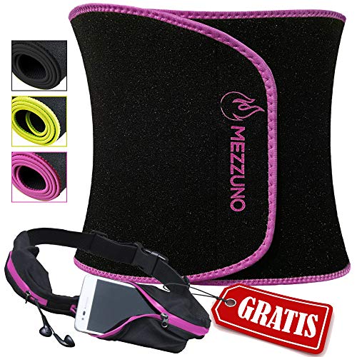 Faja Reductora Mujer y Hombre de Neopreno, Fajas Reductoras Adelgazantes, Cinturón Lumbar Abdominal para Sudar y Adelgazar, Incluye Riñonera Deportiva Running | by Mezzuno (Rosa/Negro, S/M) 