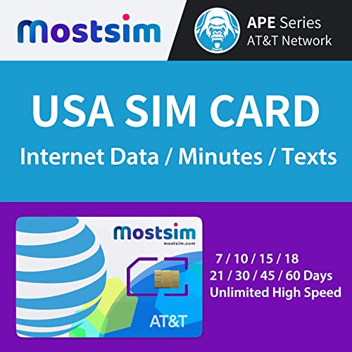 Most SIM - AT&T EE.UU. Tarjeta SIM 30 Días, Datos a Alta Velocidad/Llamadas/Mensajes de Texto Ilimitados, Red AT&T para EE.UU.