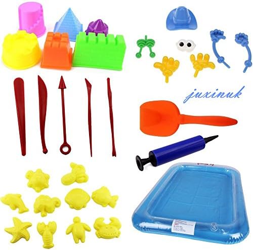 juxinuk 30PCS Sand Molds Kit with Portable Sand Tray, Use with Kinetic Sand, Sands Alive, Brookstone Sand, Waba Sand, Moon Sand and All Other Molding Play Sand Brands (Sand not included)