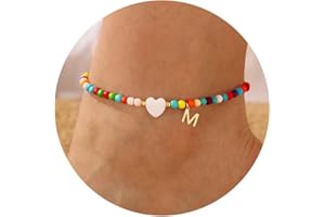 TINGN Fussketten für Frauen 14K Vergoldet Fußkette Gold Schmuck Perlen Boho Verstellbar Fußkettchen Wasserfest Bunte Mädchen Kinder Fußschmuck Buchstaben A-Z mit Herz Anklets for Women