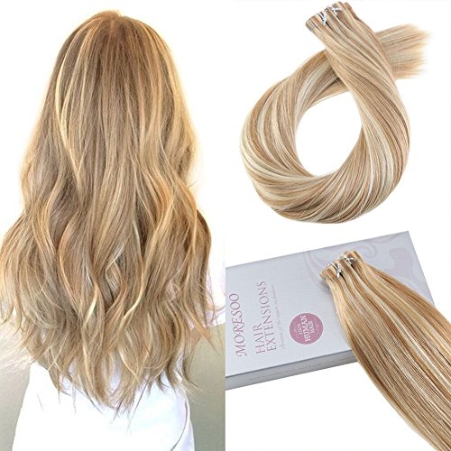 Moresoo 16 Pouces Colour #27 Highlights with Colour #613 Les Cheveux de Trame de la Peau Bresiliens Extension Cheveux Naturel Adhesive 50g/20pcs