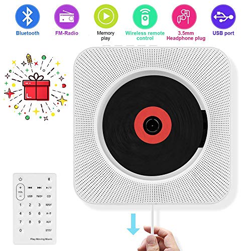 Lecteur CD Bluetooth, AONCO Lecteur CD Bluetooth Mural Haut-Parleur Version améliorée avec Haut-Parleur HiFi à Distance Lecteur USB Lecteur et Prise d'entrée auxiliaire et Casque, Blanc