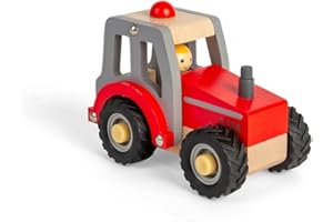 Bigjigs Toys Mini Red Tractor - Wooden Farm Vehicle with Chunky Rubber Wheels & Farmer Driver Figure, Kids Toy Tractors & Trucks, Gifts For Toddlers, Age 12+ Months