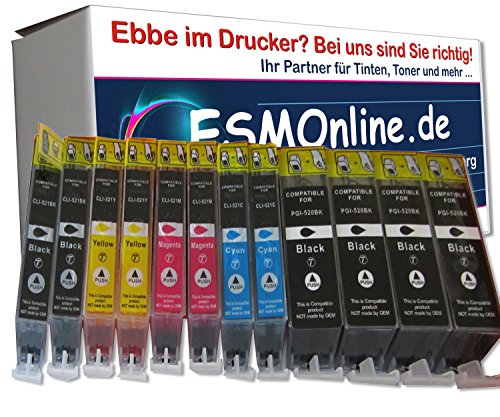12 komp. Druckerpatronen CANON PGI-520BK CLI-521BK CLI-521C CLI-521M CLI-521Y 4x BK schwarz dick / 2x BK schwarz dünn / 2x blau / 2x rot / 2x gelb