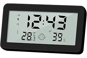 DERSHARA Termómetro Higrómetro Digital Termohigrómetro de Interior Medir Ambiente del Hogar Medidor de Temperatura y Humedad con reloj despertador, gran pantalla LCD, retroiluminación (Negro)